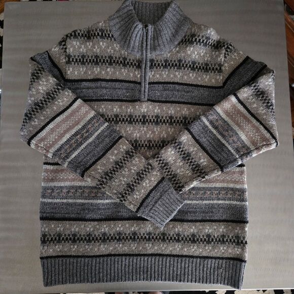 Sundance 100% Lambswool Knit 1/4 Zip Fair Isle Nordic Sweater Gray Tan Black L - Picture 1 of 13